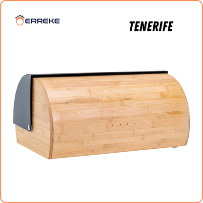 TENERIFE Bread Bin, which preserves the freshness and aroma of the Bread. Made of Steel and Bamboo, Vintage Bread Bin, Sliding Lid, Black Color
