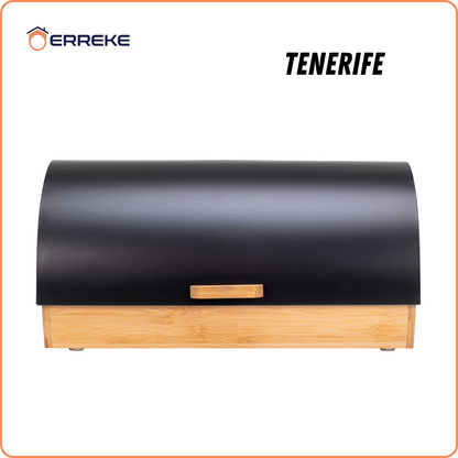 TENERIFE Bread Bin, which preserves the freshness and aroma of the Bread. Made of Steel and Bamboo, Vintage Bread Bin, Sliding Lid, Black Color