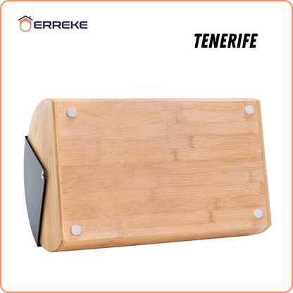 TENERIFE Bread Bin, which preserves the freshness and aroma of the Bread. Made of Steel and Bamboo, Vintage Bread Bin, Sliding Lid, Black Color