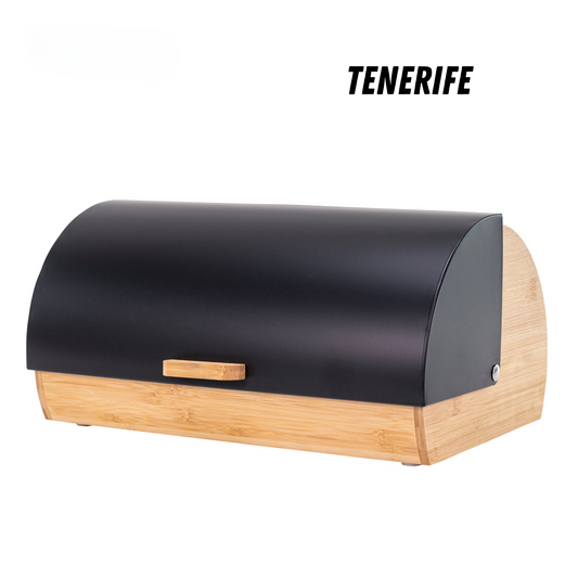 TENERIFE broodtrommel, die de versheid en het aroma van het brood behoudt, gemaakt van staal en bamboe, vintage broodtrommel, schuifdeksel, zwarte kleur