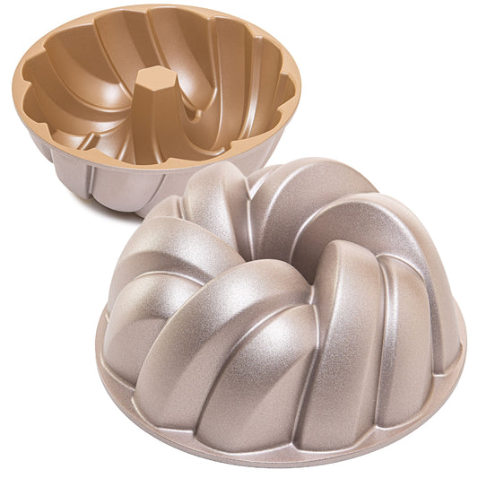 Molde PLAIT, bizcocho y tarta para horno, doble capa antiadherente, aluminio fundido de larga vida, Cocción Uniforme, Color Oro Rosa, diámetro 25cm, alto 11 cm, 2.5 litros.