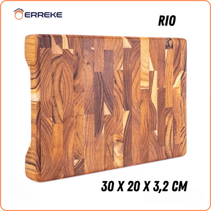 Tabla de Cortar en Madera Teca Natural RIO, End Grain 30x20x3.2cm, Tabla Cortar Cocina, Ideal para Servir Carne Queso Pan, Cocinas Pequeñas
