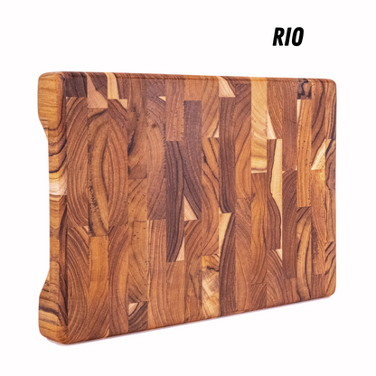 Tabla de Cortar en Madera Teca Natural RIO, End Grain 30x20x3.2cm, Tabla Cortar Cocina, Ideal para Servir Carne Queso Pan, Cocinas Pequeñas
