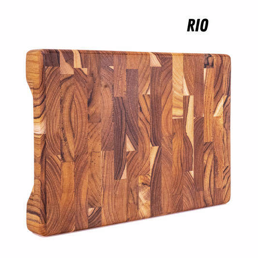 Tabla de Cortar en Madera Teca Natural RIO, End Grain 30x20x3.2cm, Tabla Cortar Cocina, Ideal para Servir Carne Queso Pan, Cocinas Pequeñas