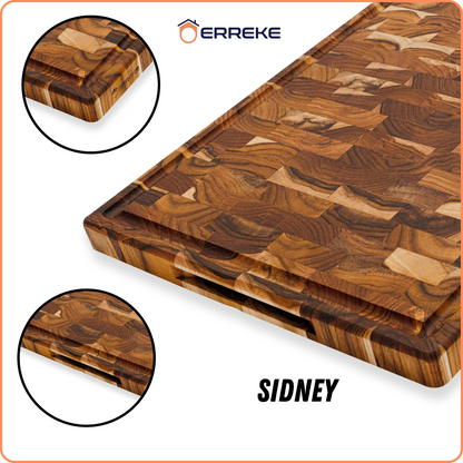 XXL-snijplank van natuurlijk kops TEAK-hout SIDNEY, antislipbodems, ideaal voor keuken of barbecue, serveren van vlees-kaasbrood, 58x38x3,2cm (sapgleuf)