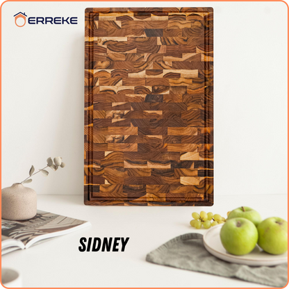 XXL-snijplank van natuurlijk kops TEAK-hout SIDNEY, antislipbodems, ideaal voor keuken of barbecue, serveren van vlees-kaasbrood, 58x38x3,2cm (sapgleuf)