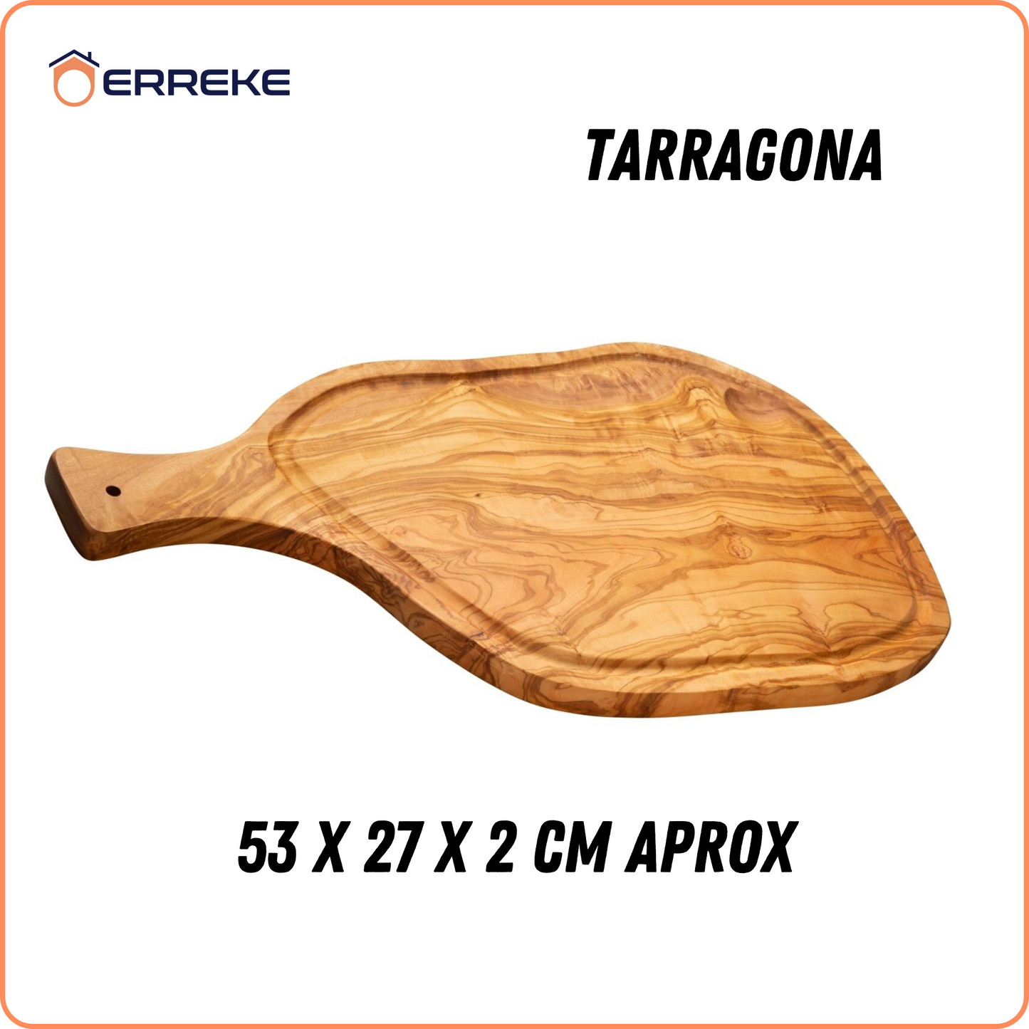 Snij- en serveerplank in mediterraan olijfhout TARRAGONA, 100% handgemaakt, met handvat en gleuf voor sappen, worstjes, vlees, barbecue, kaas, brood (ongeveer 53 x 27 x 2 cm)