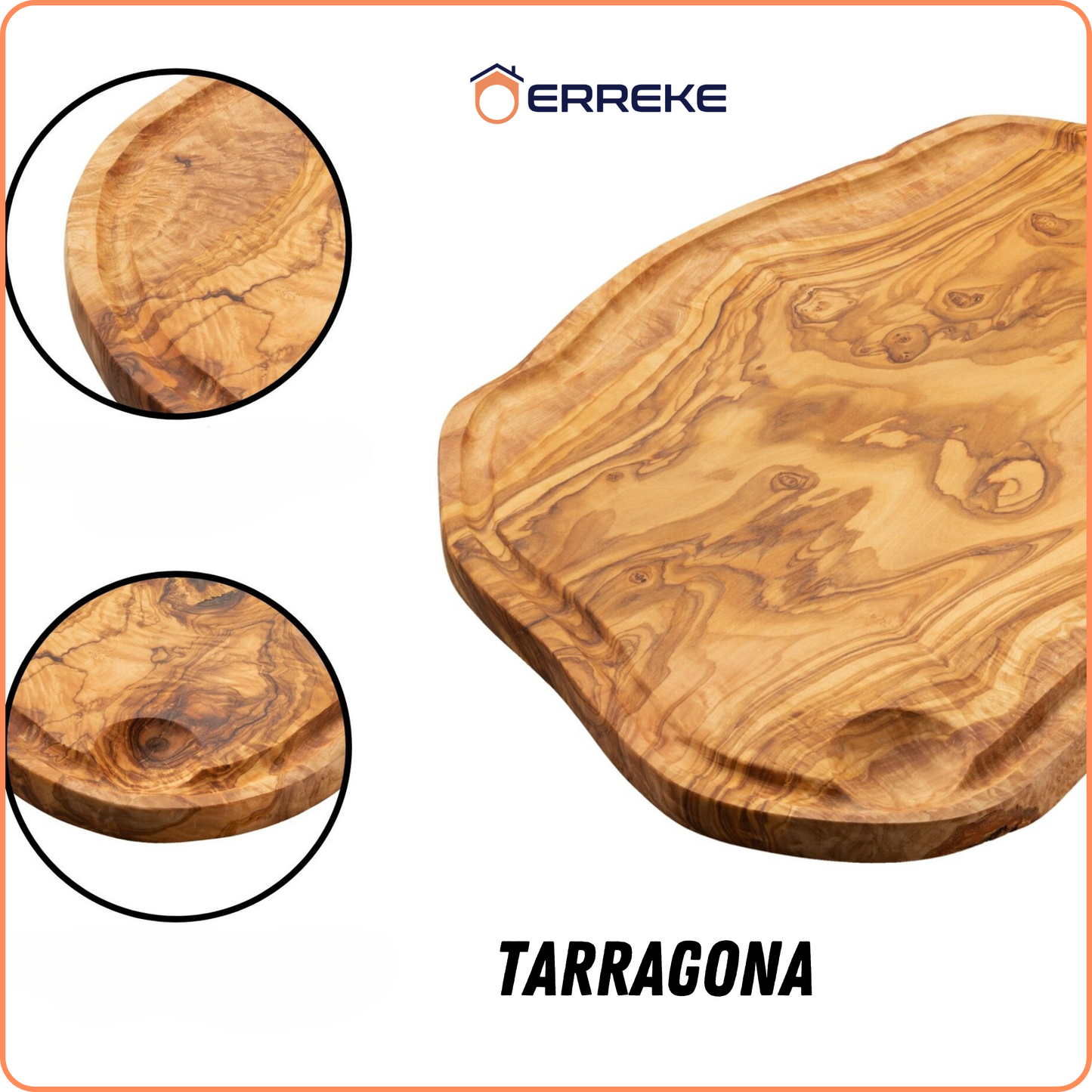 Snij- en serveerplank in mediterraan olijfhout TARRAGONA, 100% handgemaakt, met handvat en gleuf voor sappen, worstjes, vlees, barbecue, kaas, brood (ongeveer 53 x 27 x 2 cm)