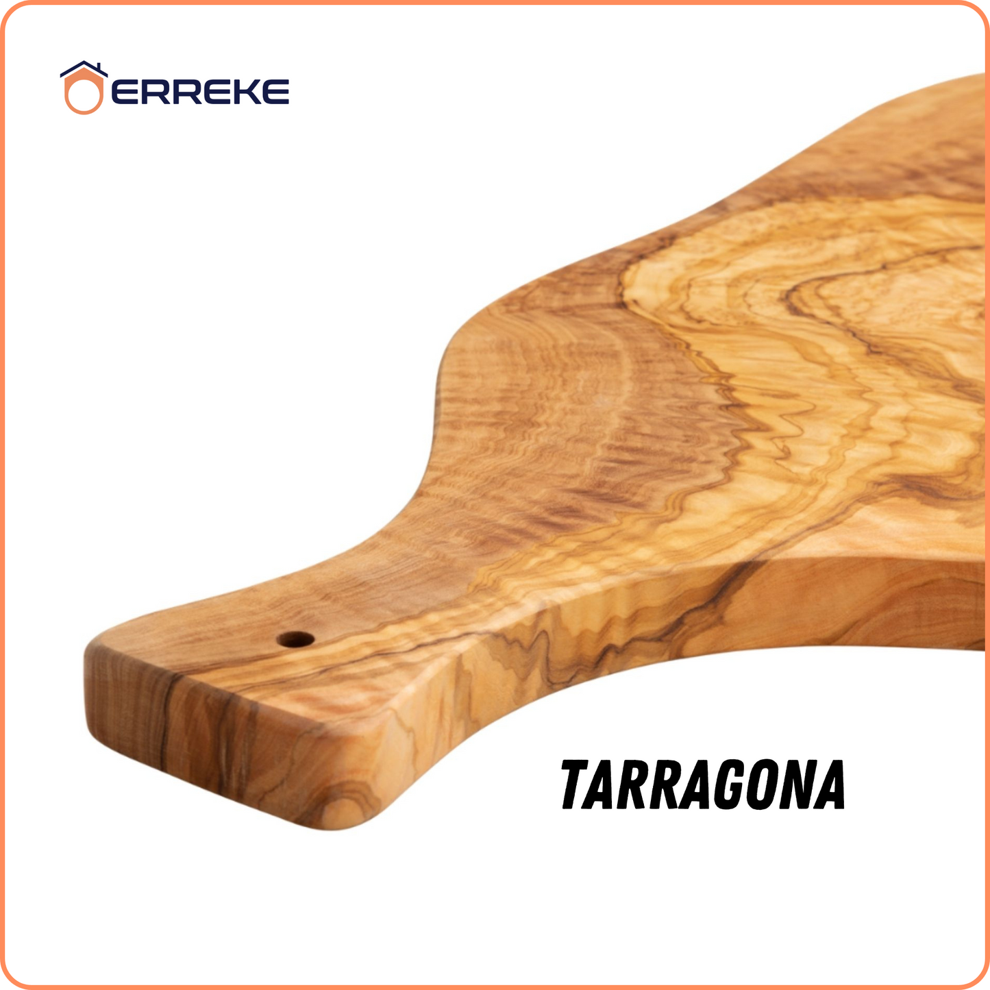 Snij- en serveerplank in mediterraan olijfhout TARRAGONA, 100% handgemaakt, met handvat en gleuf voor sappen, worstjes, vlees, barbecue, kaas, brood (ongeveer 53 x 27 x 2 cm)