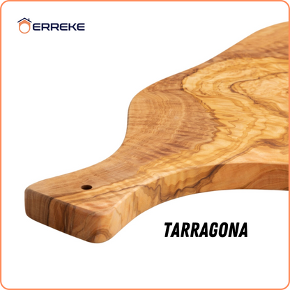 Snij- en serveerplank in mediterraan olijfhout TARRAGONA, 100% handgemaakt, met handvat en gleuf voor sappen, worstjes, vlees, barbecue, kaas, brood (ongeveer 53 x 27 x 2 cm)