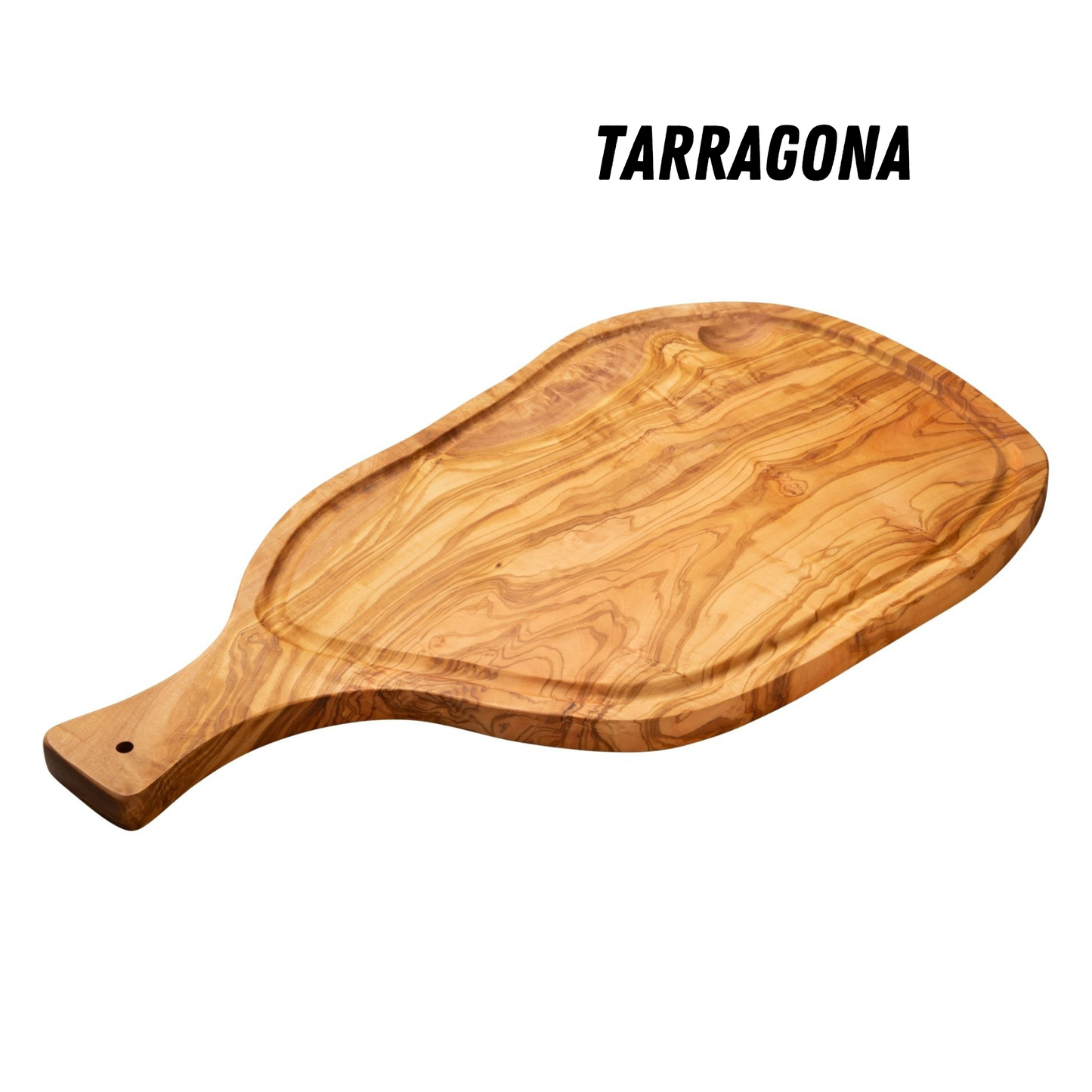 Snij- en serveerplank in mediterraan olijfhout TARRAGONA, 100% handgemaakt, met handvat en gleuf voor sappen, worstjes, vlees, barbecue, kaas, brood (ongeveer 53 x 27 x 2 cm)