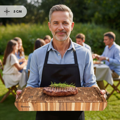 NEW ARRIVAL Tabla de Cortar 3XL en Madera Teca Natural BANGKOK, End Grain, 5 kg de Peso, 5 cm de espesor. Medidas 50x35x5.0 cm, Ranura para Jugos