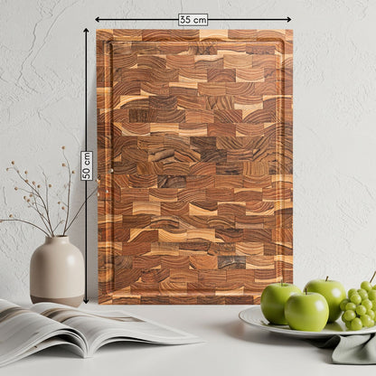 NEW ARRIVAL Tabla de Cortar 3XL en Madera Teca Natural BANGKOK, End Grain, 5 kg de Peso, 5 cm de espesor. Medidas 50x35x5.0 cm, Ranura para Jugos