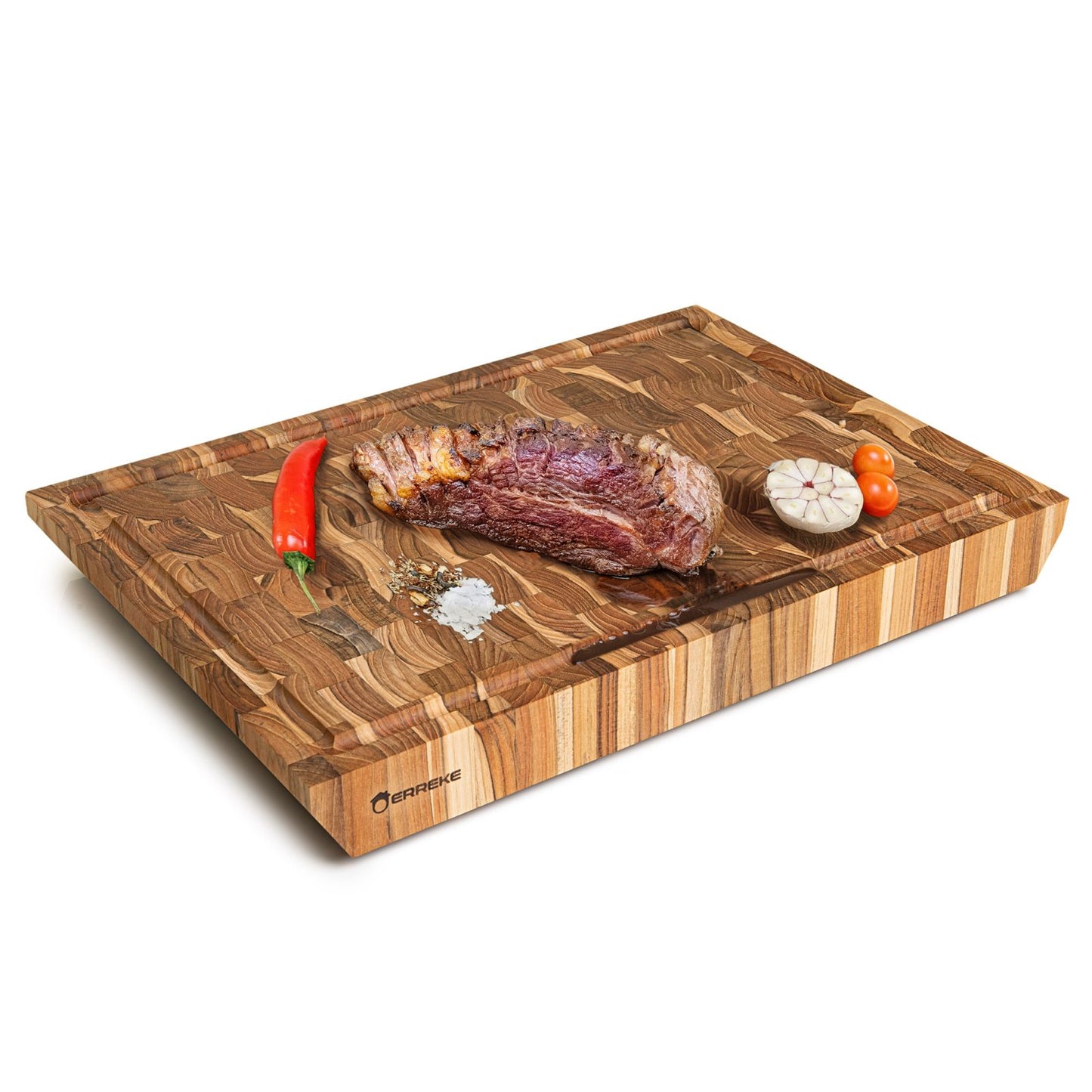 NEW ARRIVAL Tabla de Cortar 3XL en Madera Teca Natural BANGKOK, End Grain, 5 kg de Peso, 5 cm de espesor. Medidas 50x35x5.0 cm, Ranura para Jugos