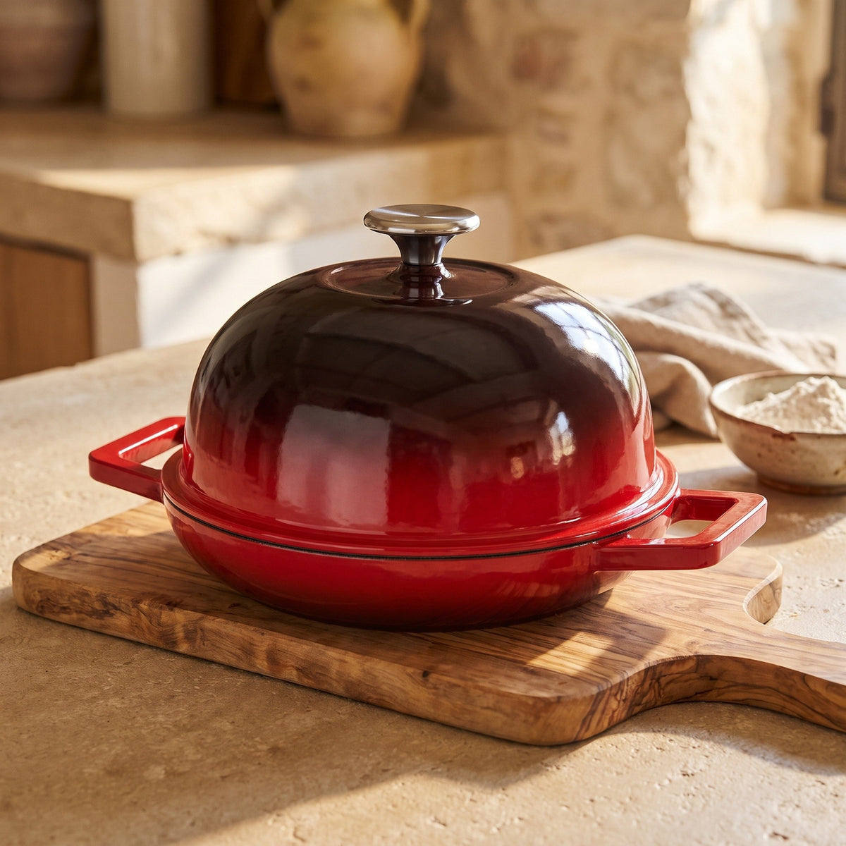 Horno de pan cerrado sobre una tabla de olivo junto a una ventana