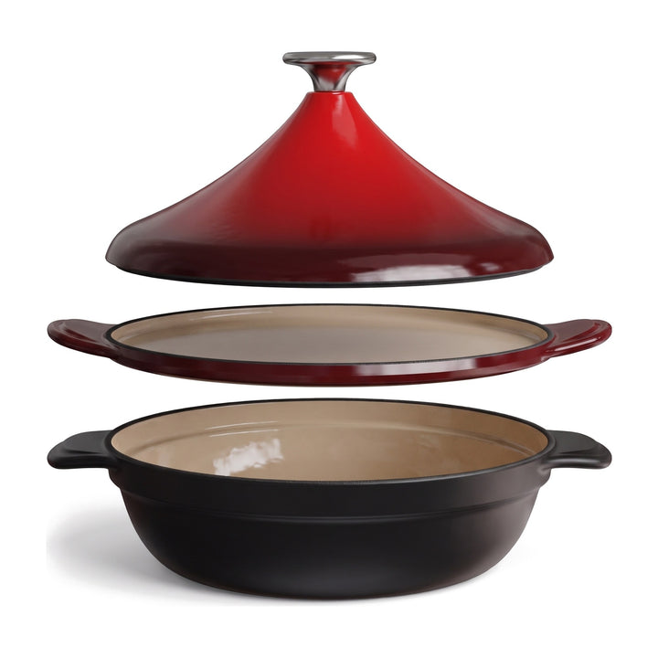 Tajine de hierro fundido Erreke en 3 piezas separadas: tapa cónica roja, sartén intermedia plana y base negra, sobre fondo blanco