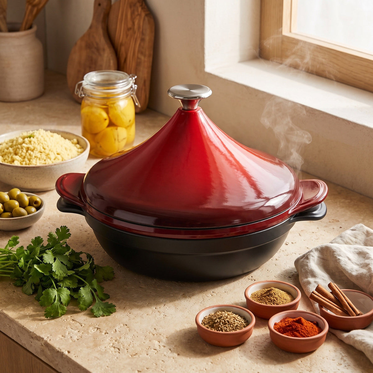 Tajine Erreke cerrado y humeando en una cocina mediterránea, con especias, cuscús y limones