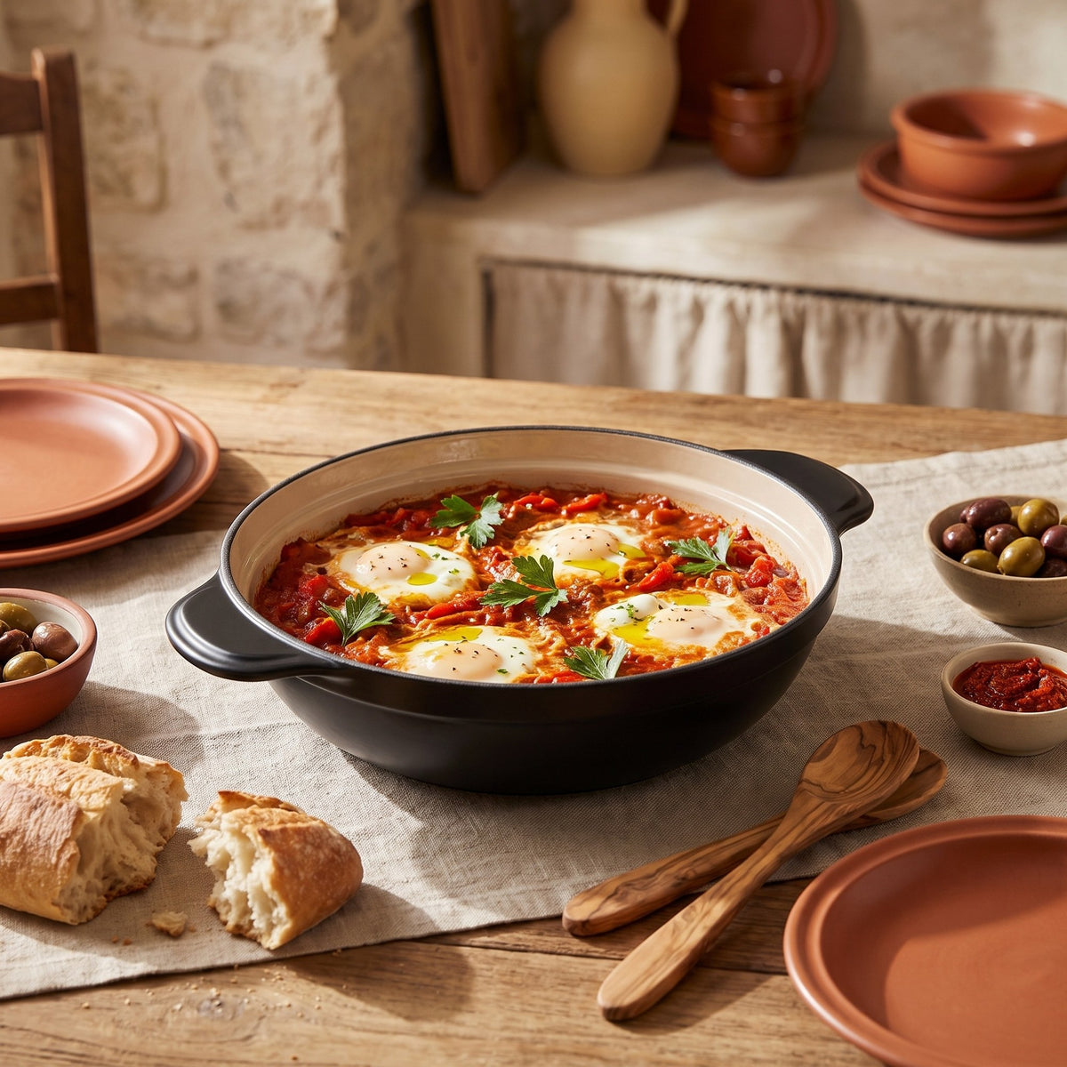 Shakshuka en la base del tajine de hierro fundido, sin tapa